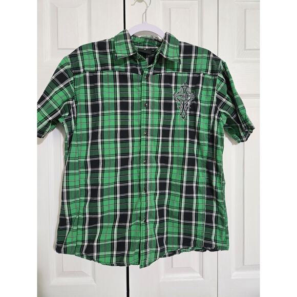 Edify affliction medium men's green plaid cross button up short sleeve shirt - Picture 1 of 11